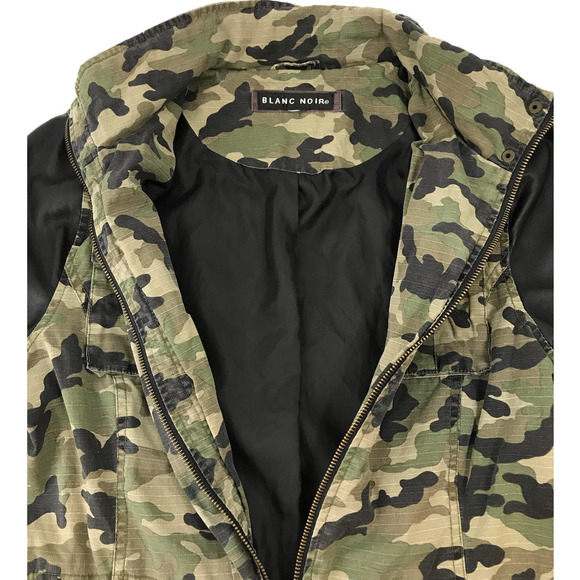 Blanc Noir Camo Anorak Utility Jacket Full Zip Black Faux Leather Sleeves Small - Picture 9 of 14